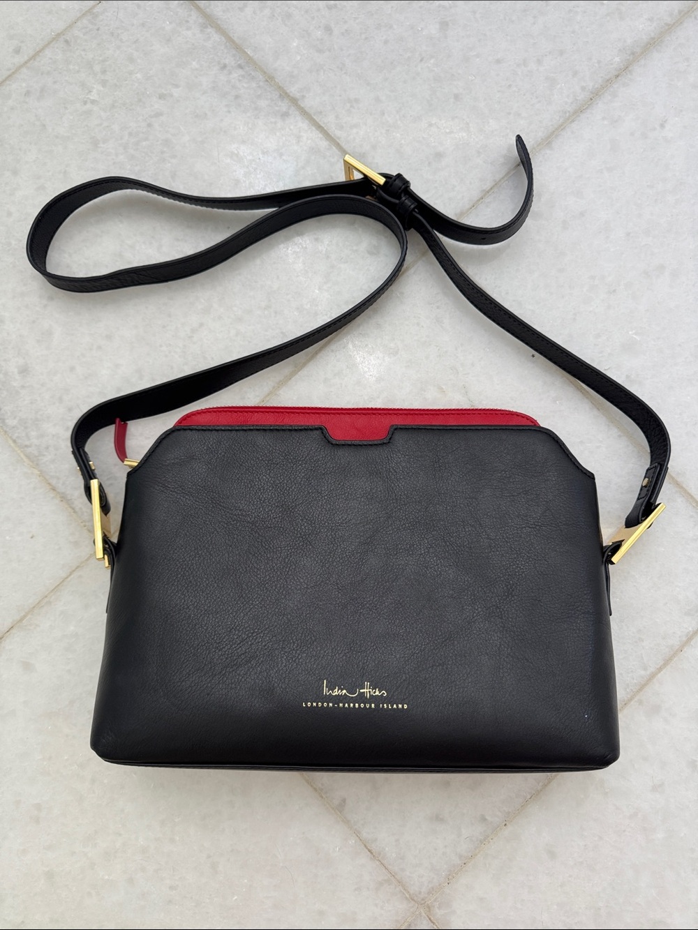 Kurt Geiger Black Crossbody with Red Trim and Gold Hardware